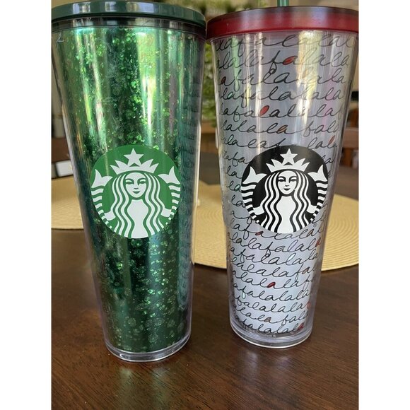 Starbucks Other - Starbucks Christmas Tumblers 24oz Acrylic Green Glitter  & “Falala” Cups Cold